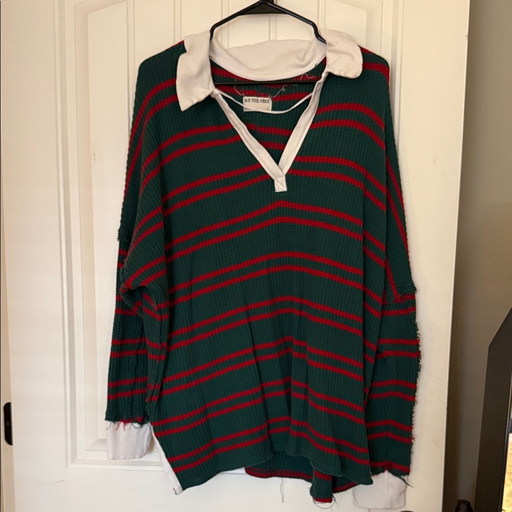 Wee the Free Red and Green Distressed Stripled Waffle Shirt Size L